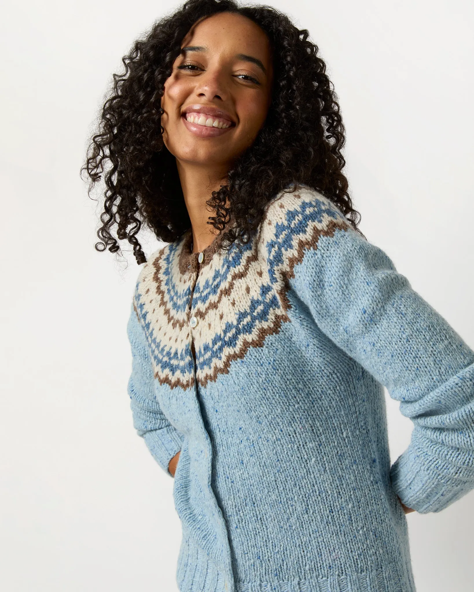 Marge Fair Isle Cardigan in Blue/Brown/Ivory Wool Blend