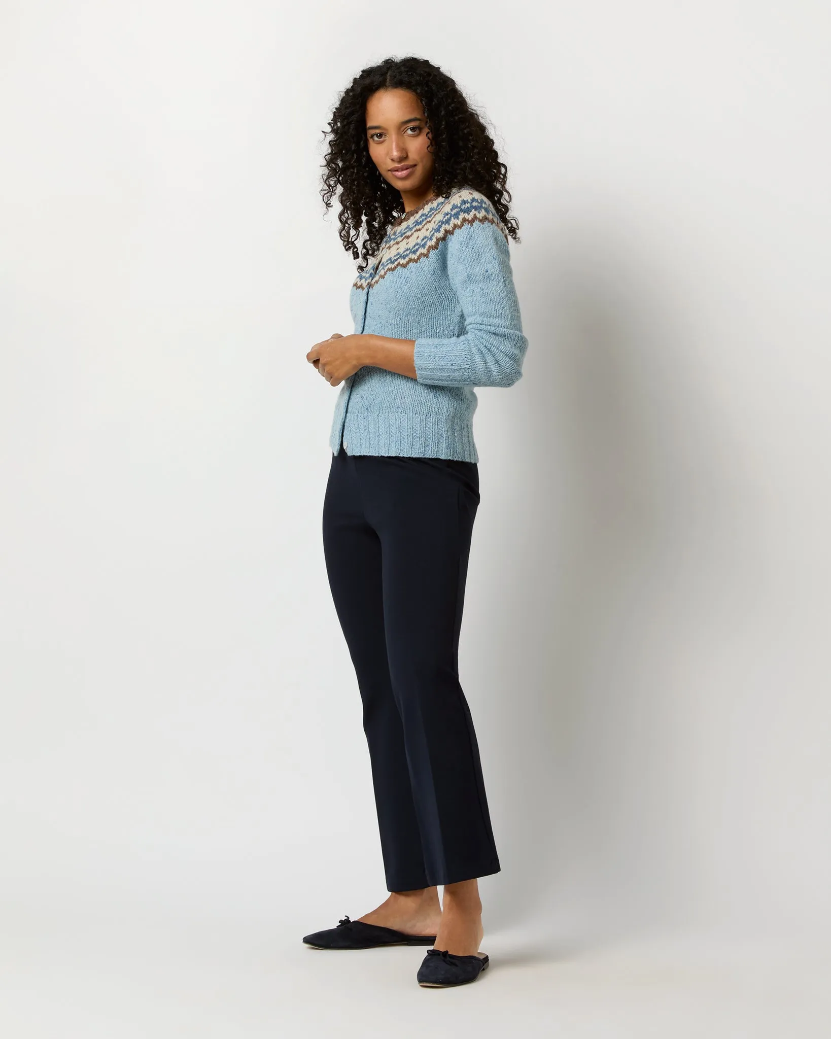 Marge Fair Isle Cardigan in Blue/Brown/Ivory Wool Blend
