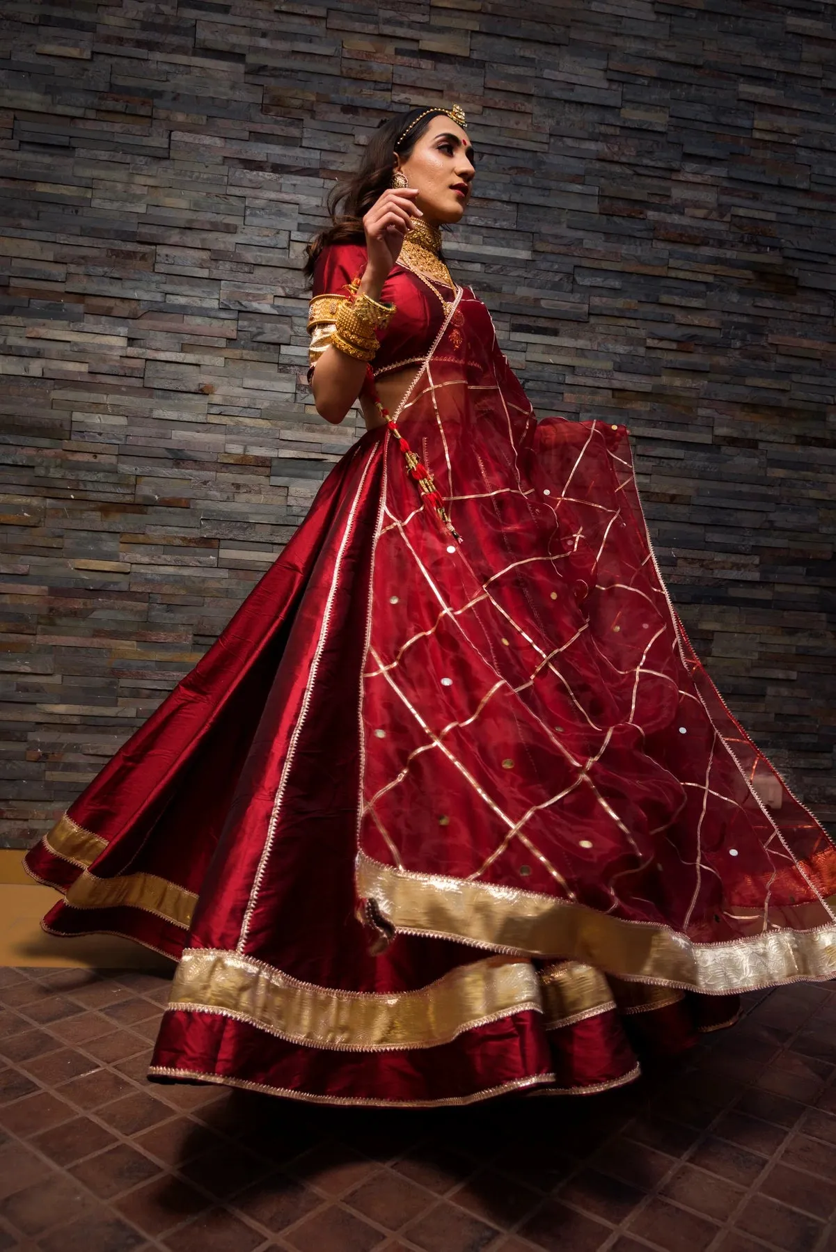 Maroon Taffeta Silk Lehenga Set with Dupatta