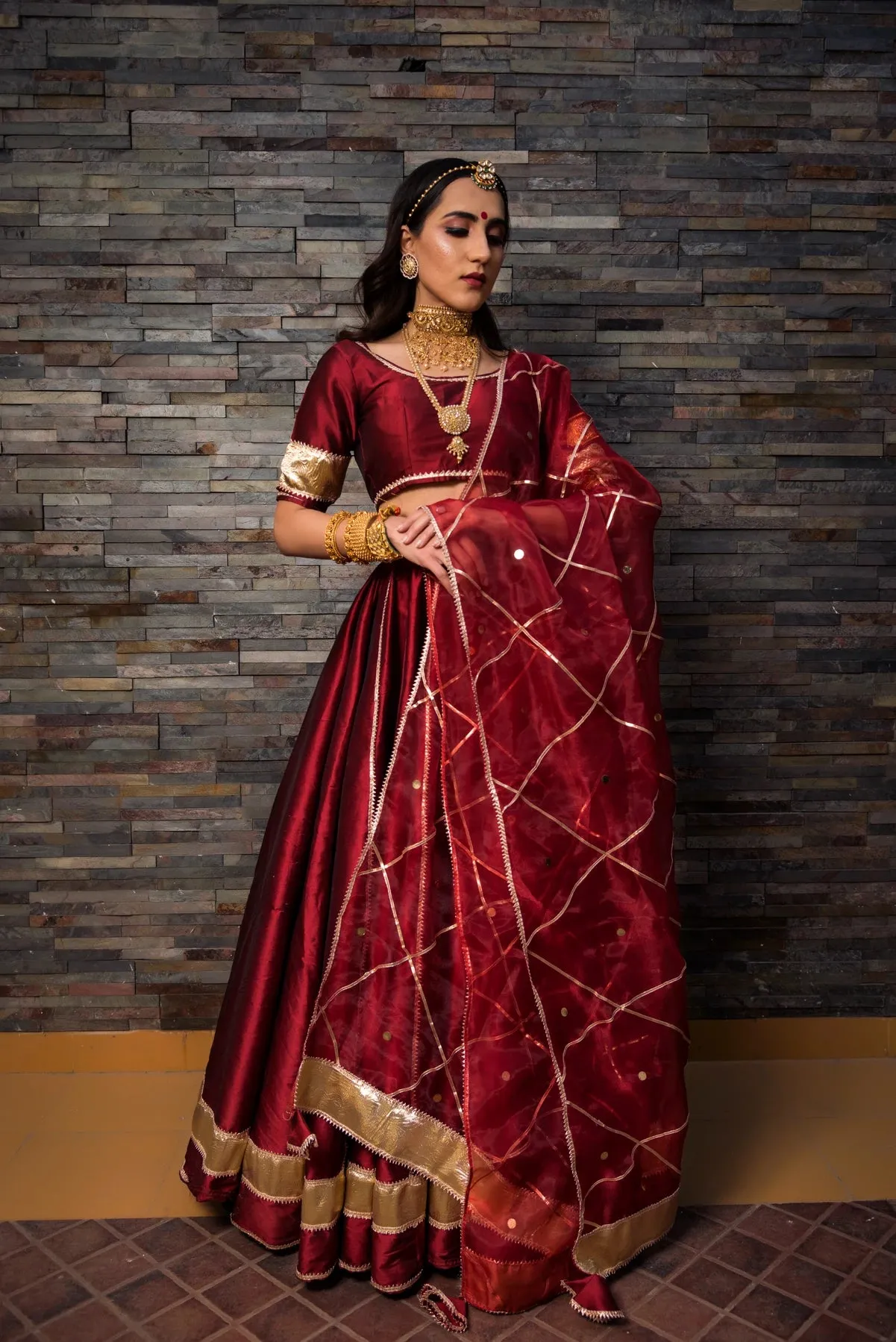 Maroon Taffeta Silk Lehenga Set with Dupatta