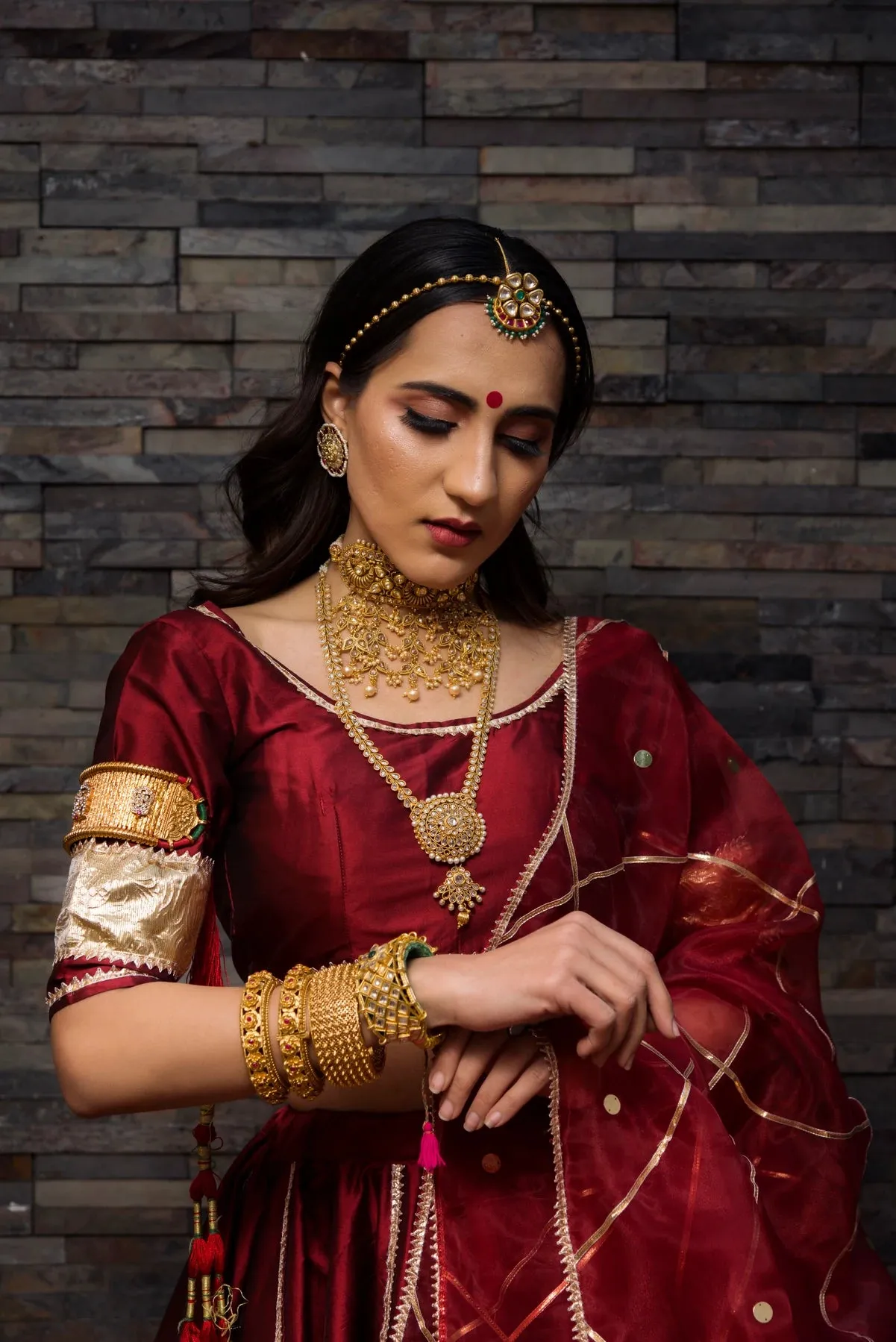 Maroon Taffeta Silk Lehenga Set with Dupatta