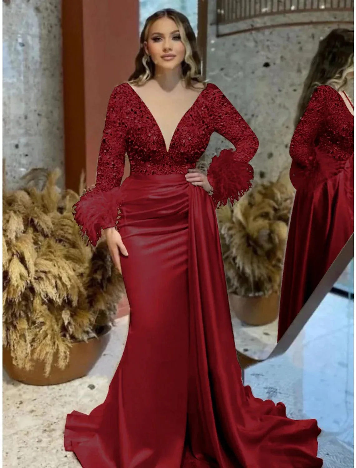 Mermaid / Trumpet Evening Gown Sparkle & Shine Dress Formal Wedding Court Train Long Sleeve V Neck Satin with Feather Glitter Ruched