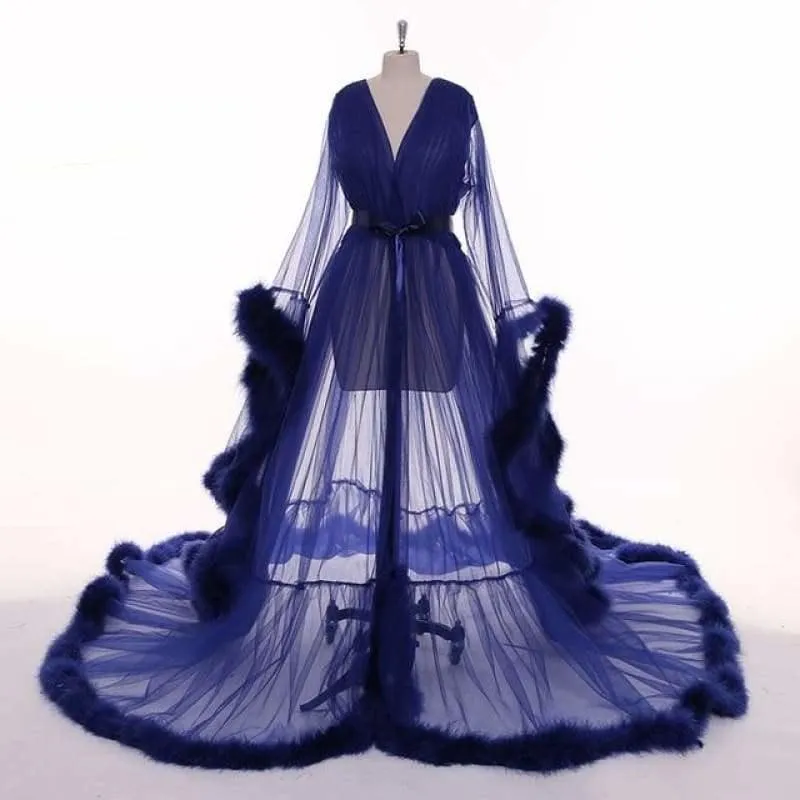 Navy Blue Feather Long Sleeve Tulle See-through Evening Dress Gown