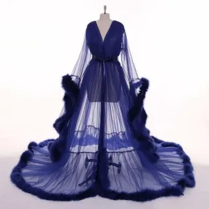 Navy Blue Feather Long Sleeve Tulle See-through Evening Dress Gown