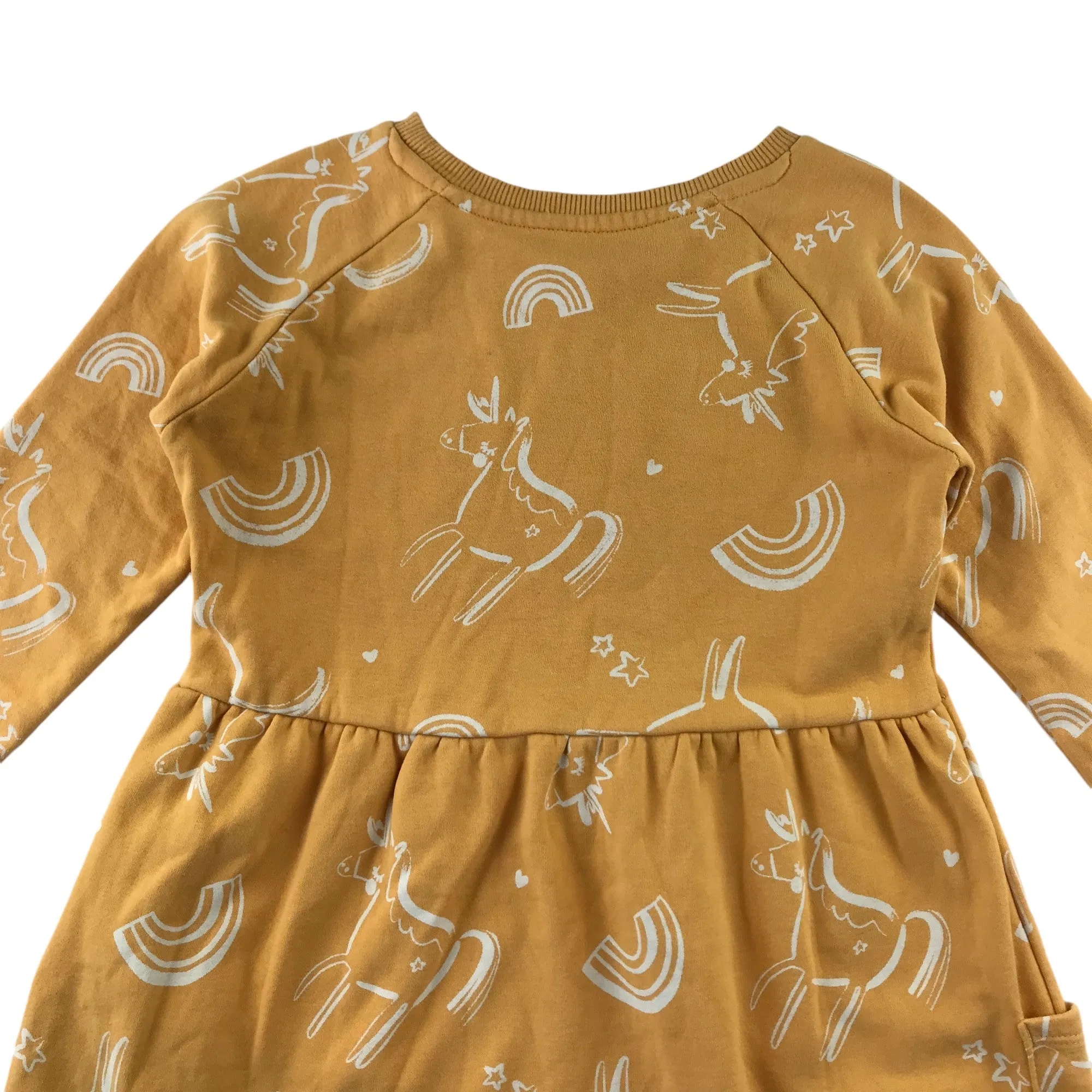 Nutmeg dress 5-6 years yellow unicorn jersey