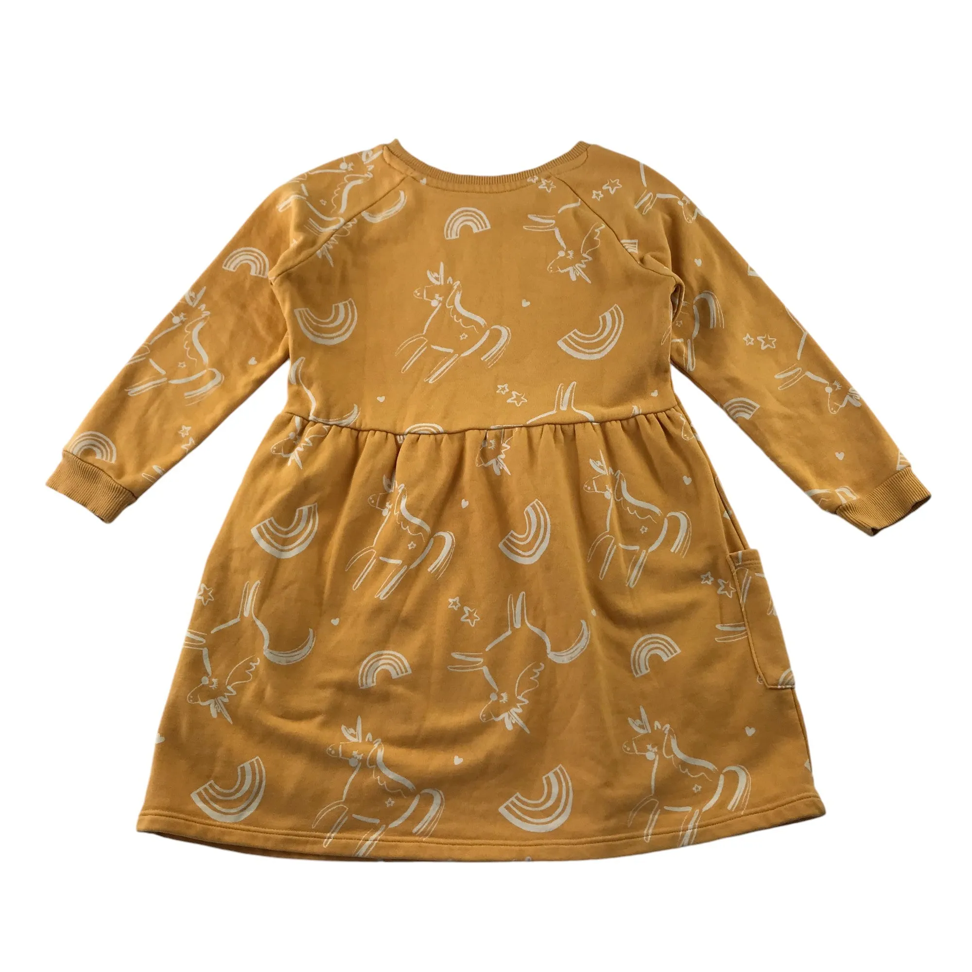 Nutmeg dress 5-6 years yellow unicorn jersey