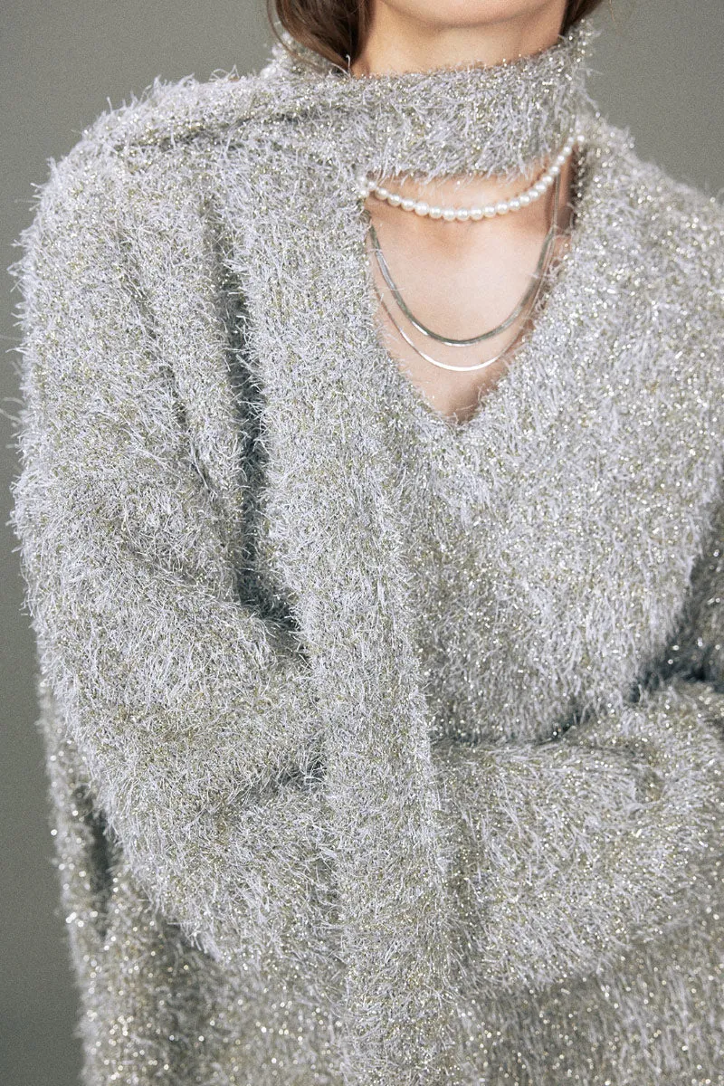 Oversized Silver Sparkle Tinsel Knitted Sweater V-Neck Sweater with Scarf