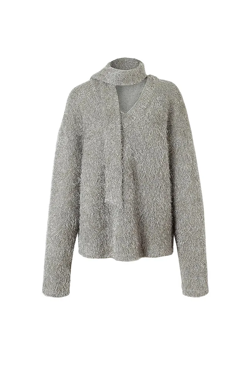 Oversized Silver Sparkle Tinsel Knitted Sweater V-Neck Sweater with Scarf