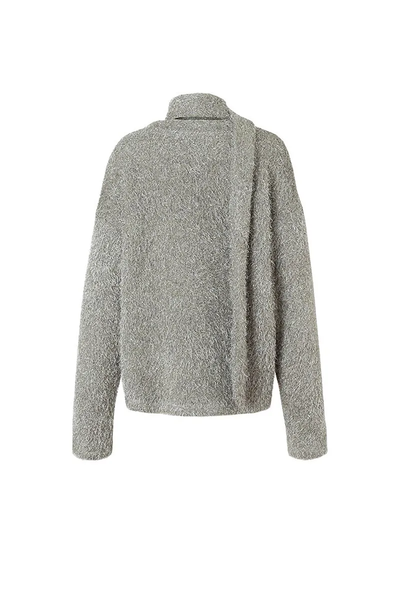 Oversized Silver Sparkle Tinsel Knitted Sweater V-Neck Sweater with Scarf