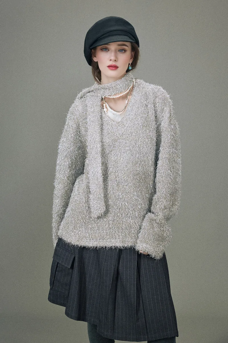 Oversized Silver Sparkle Tinsel Knitted Sweater V-Neck Sweater with Scarf
