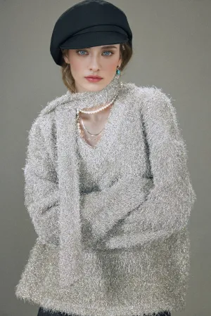 Oversized Silver Sparkle Tinsel Knitted Sweater V-Neck Sweater with Scarf