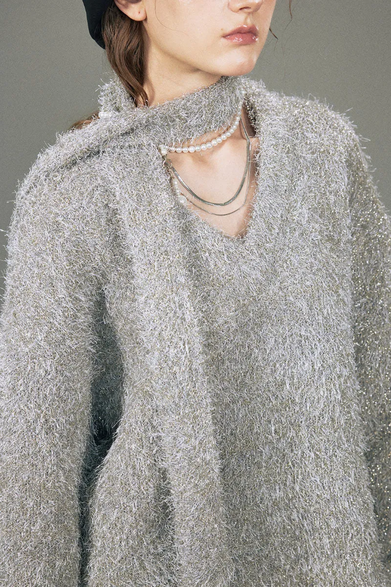 Oversized Silver Sparkle Tinsel Knitted Sweater V-Neck Sweater with Scarf