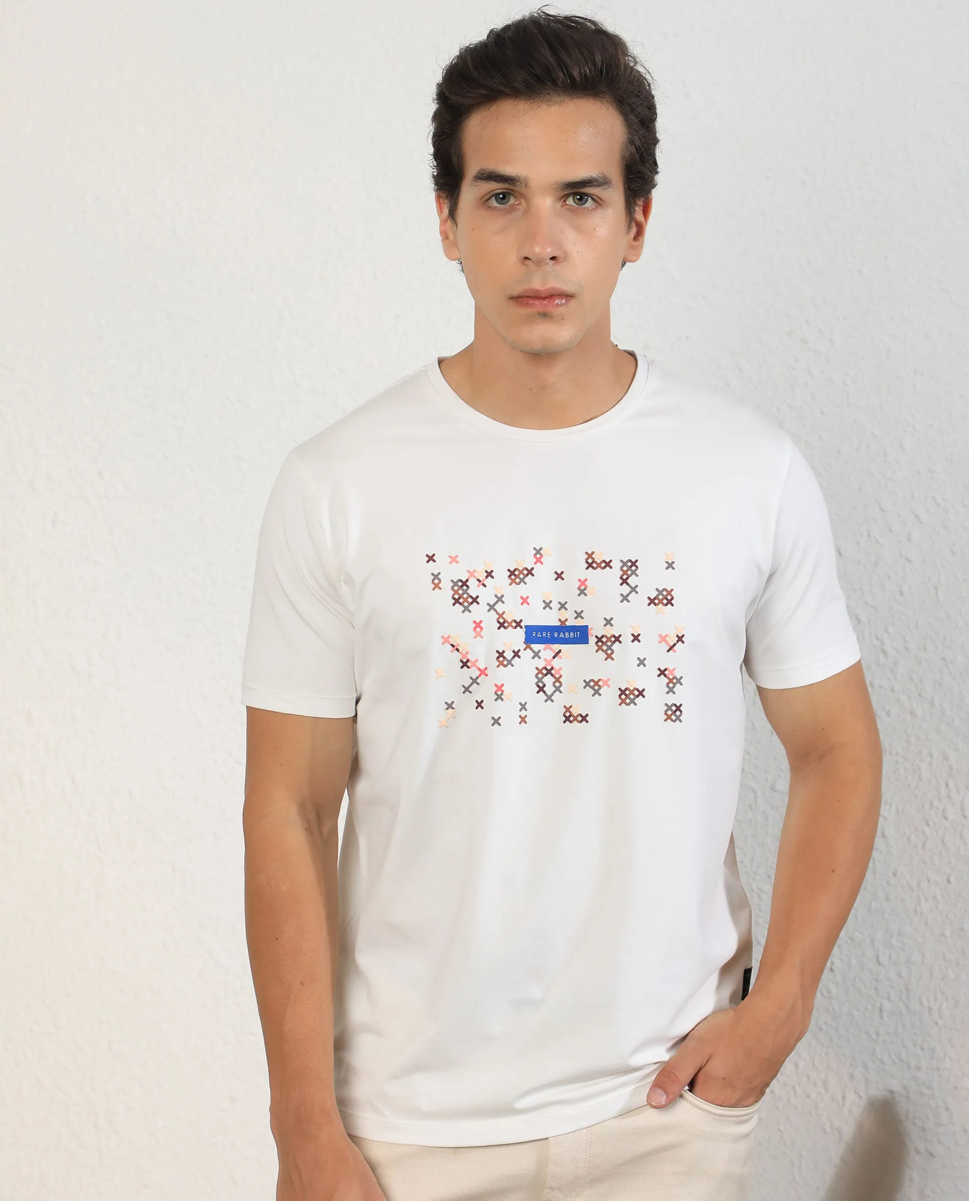 Rare Rabbit Men's Alpine Off-White Crew Neck Abstract HD Print With Branding Half Sleeves Slim Fit T-Shirt