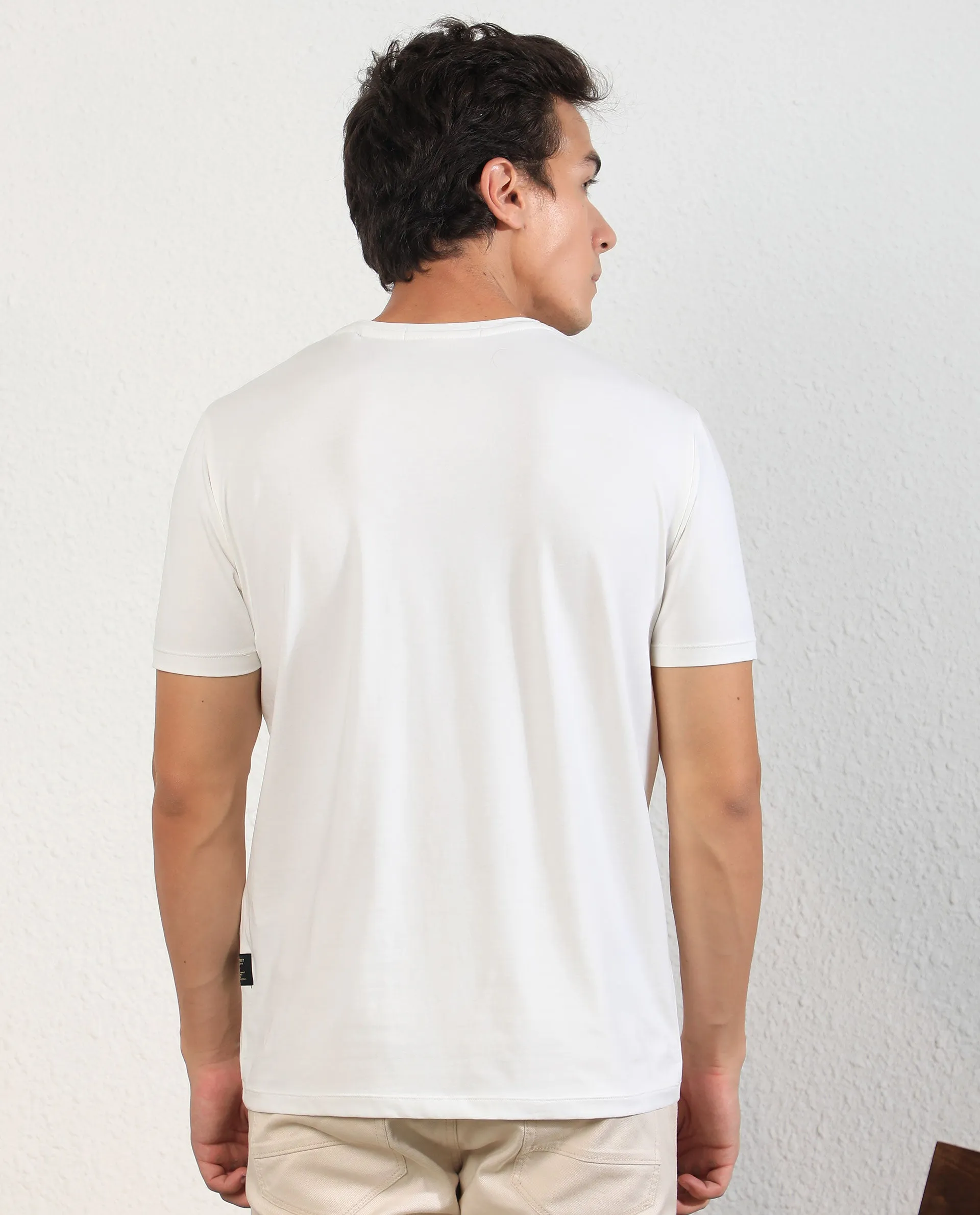 Rare Rabbit Men's Alpine Off-White Crew Neck Abstract HD Print With Branding Half Sleeves Slim Fit T-Shirt