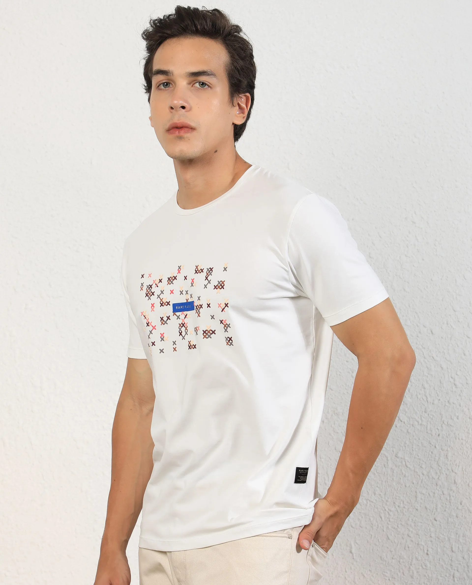 Rare Rabbit Men's Alpine Off-White Crew Neck Abstract HD Print With Branding Half Sleeves Slim Fit T-Shirt