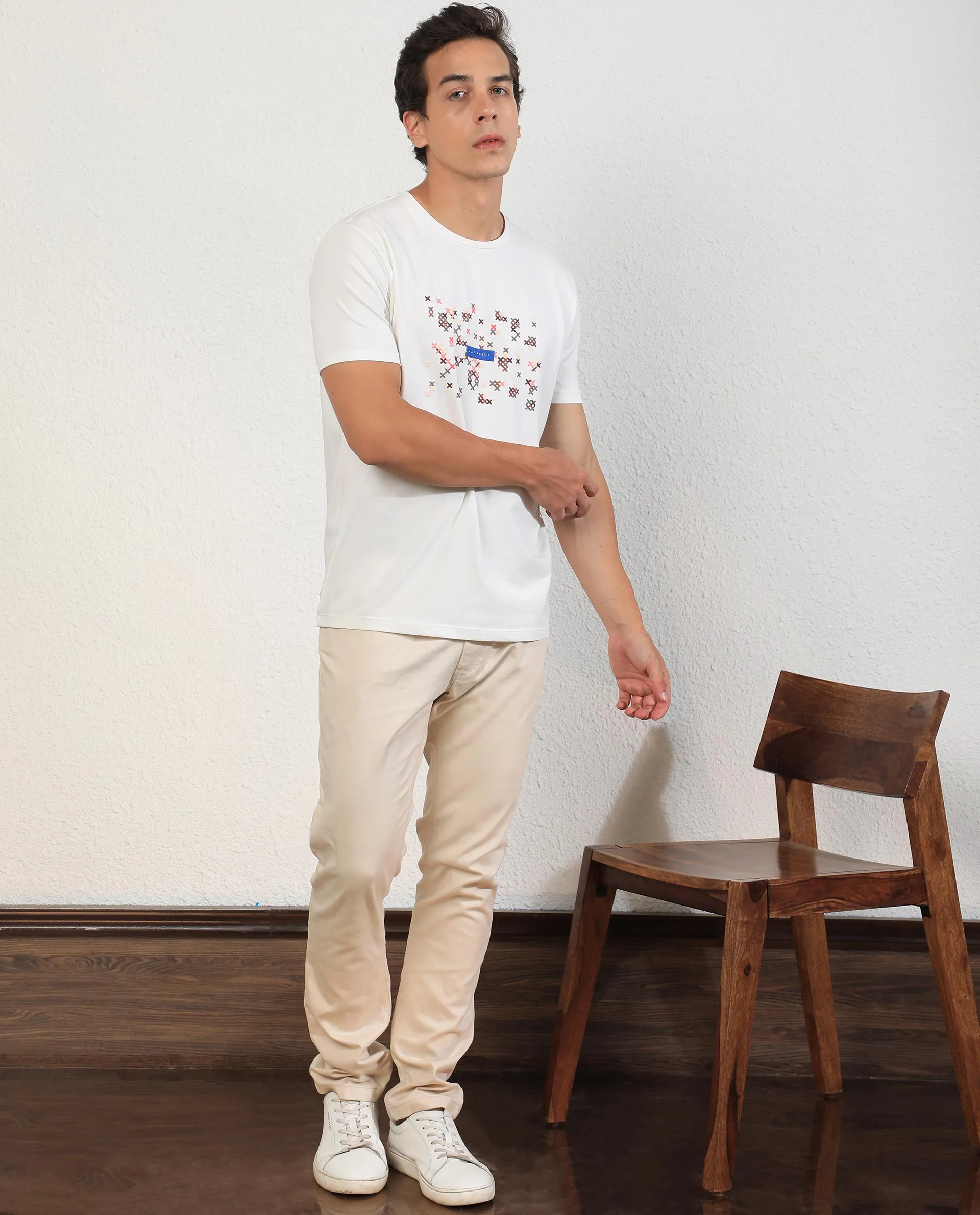 Rare Rabbit Men's Alpine Off-White Crew Neck Abstract HD Print With Branding Half Sleeves Slim Fit T-Shirt