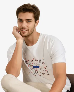 Rare Rabbit Men's Alpine Off-White Crew Neck Abstract HD Print With Branding Half Sleeves Slim Fit T-Shirt