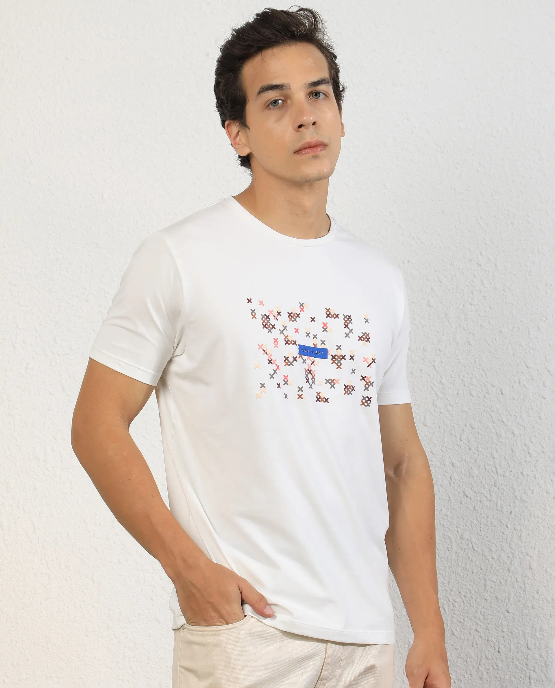 Rare Rabbit Men's Alpine Off-White Crew Neck Abstract HD Print With Branding Half Sleeves Slim Fit T-Shirt
