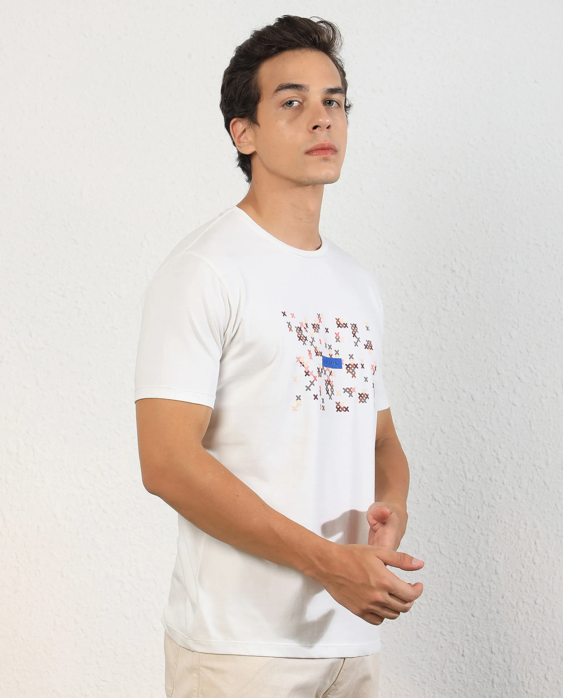 Rare Rabbit Men's Alpine Off-White Crew Neck Abstract HD Print With Branding Half Sleeves Slim Fit T-Shirt