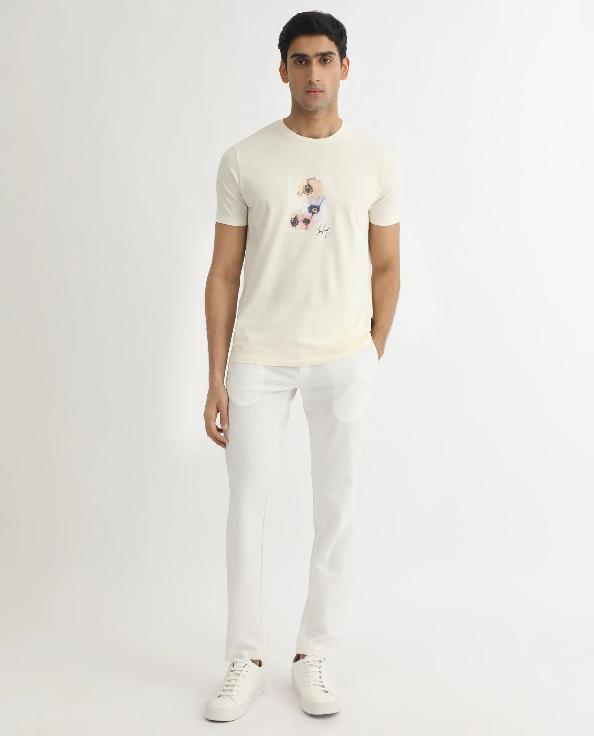 Rare Rabbit Men's Skyy Off-White Crew Neck Discharge Floral Print Graphic Half Sleeves T-Shirt