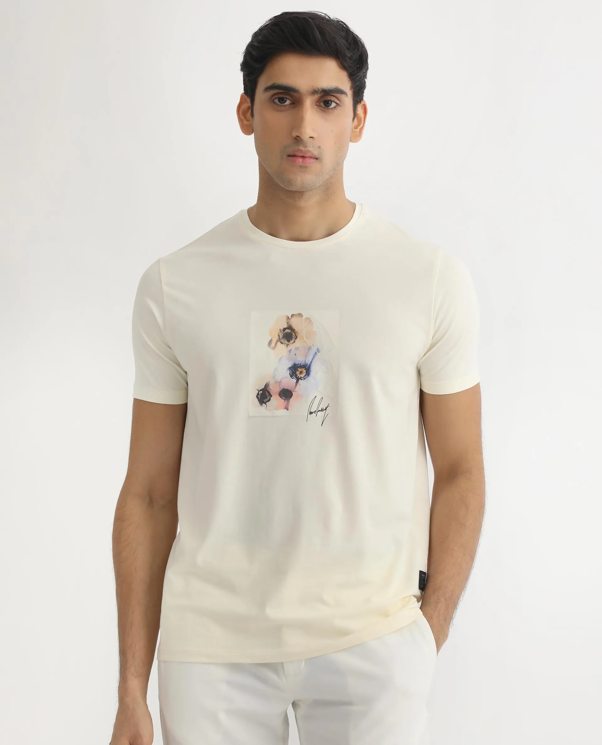 Rare Rabbit Men's Skyy Off-White Crew Neck Discharge Floral Print Graphic Half Sleeves T-Shirt
