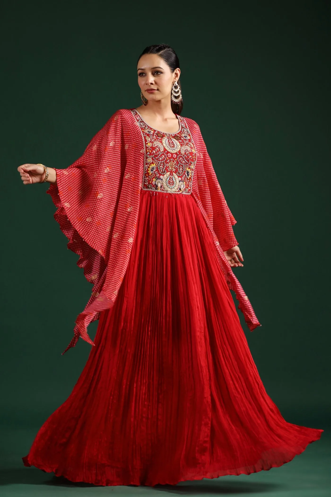 Red Bandhani Printed Gown