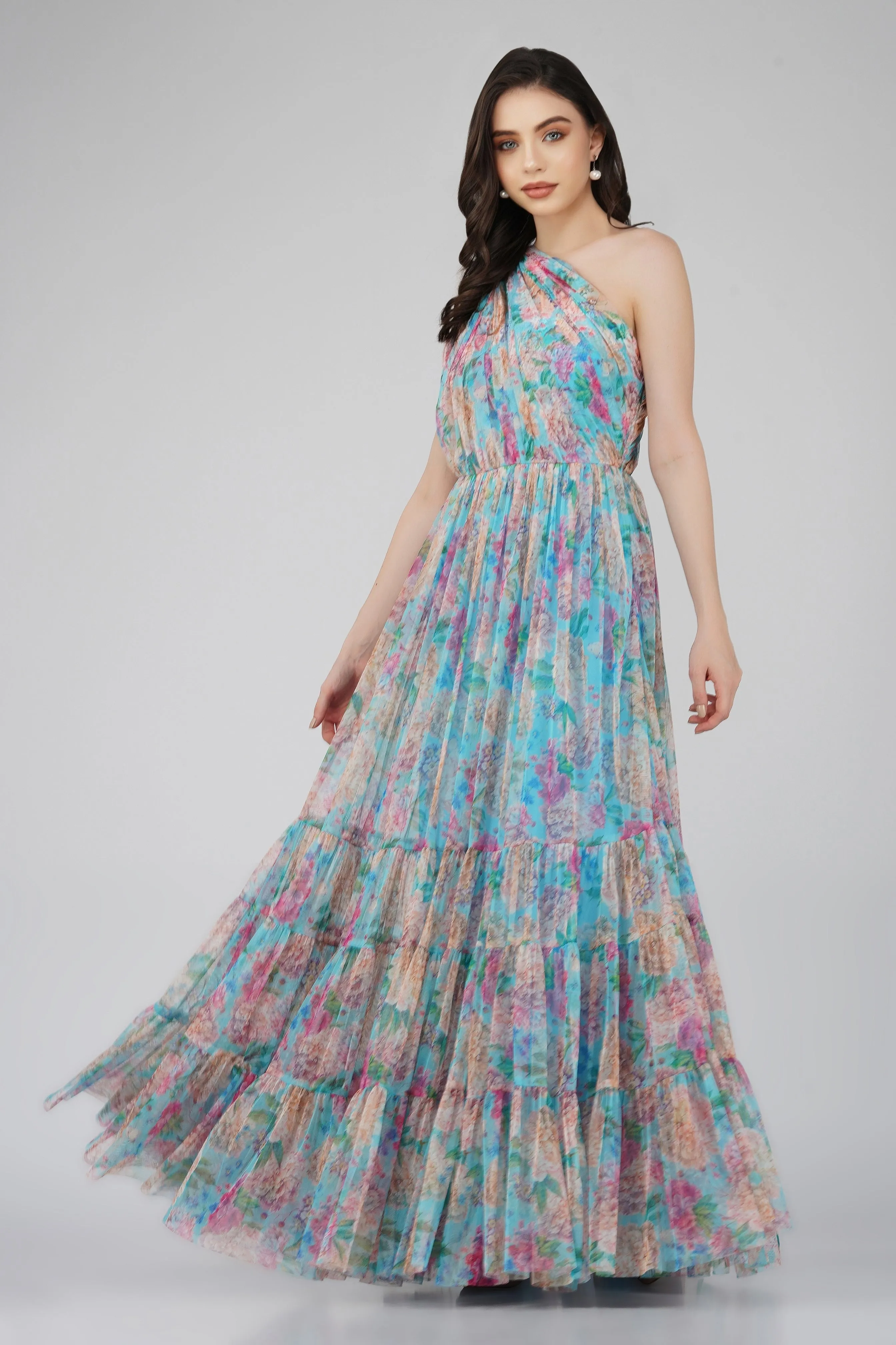 Roka Floral One Shoulder Maxi Dress in Blue
