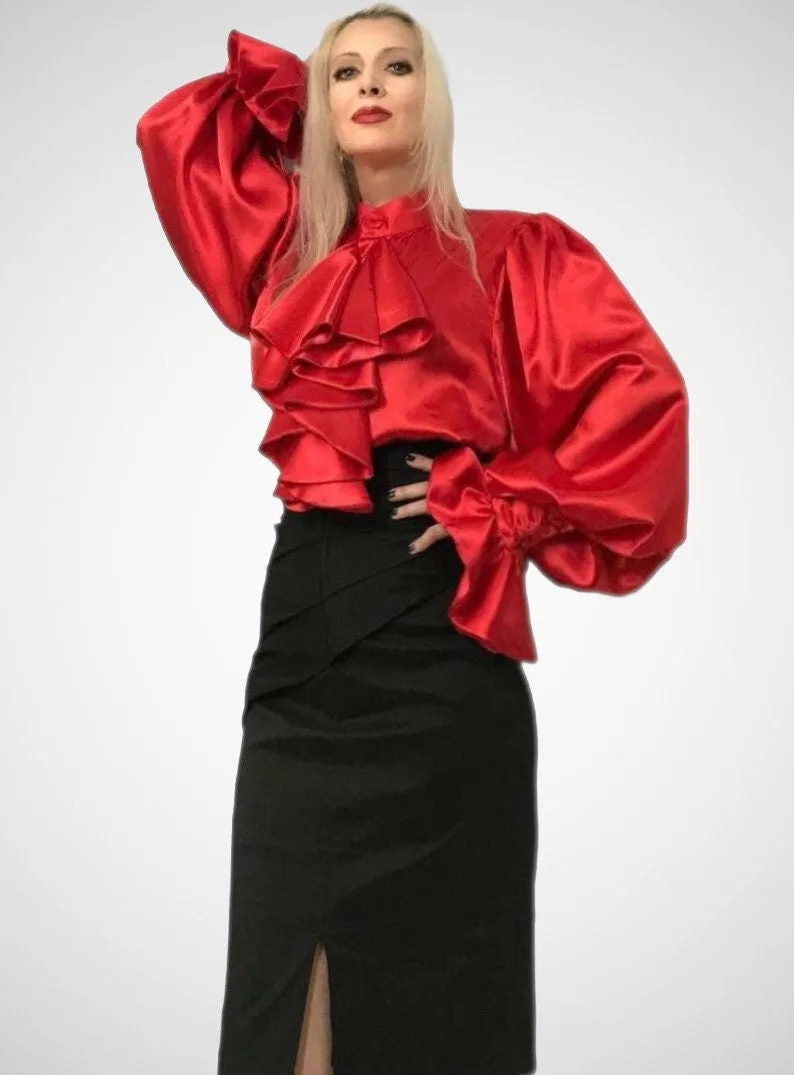 Ruffle Cascade Puff Sleeve Silk Charmeuse Shirt