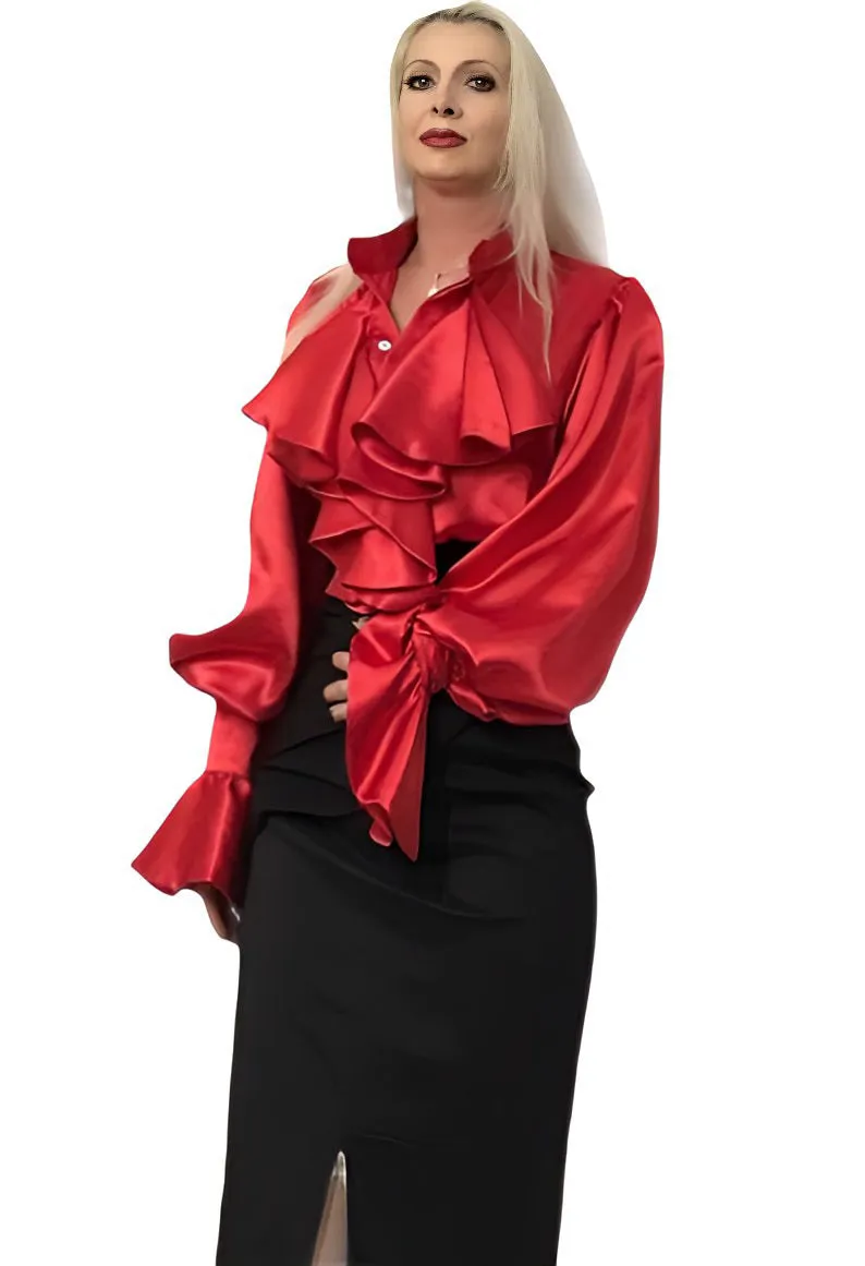 Ruffle Cascade Puff Sleeve Silk Charmeuse Shirt