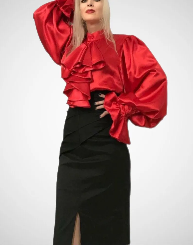 Ruffle Cascade Puff Sleeve Silk Charmeuse Shirt