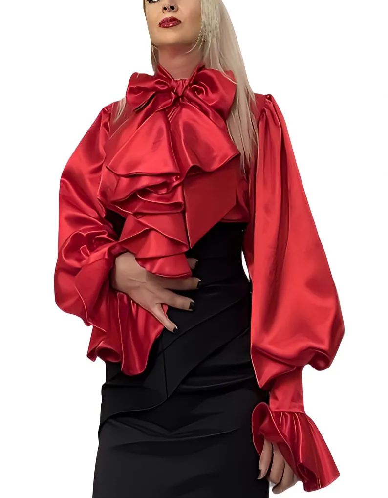 Ruffle Cascade Puff Sleeve Silk Charmeuse Shirt