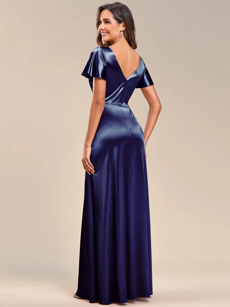 Ruffles Sleeve A-Line Pleated Satin Back V-Neck Evening Dress