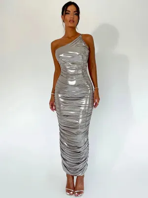 Sequin One Shoulder Charming Ruched Bodycon Maxi Dress