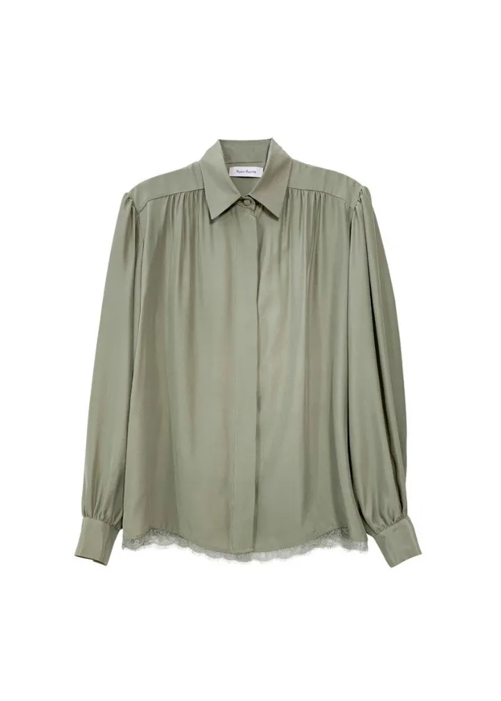 Silk crepe de chine blouse with puff sleeve and delicate chantilly lace trim in pale sage