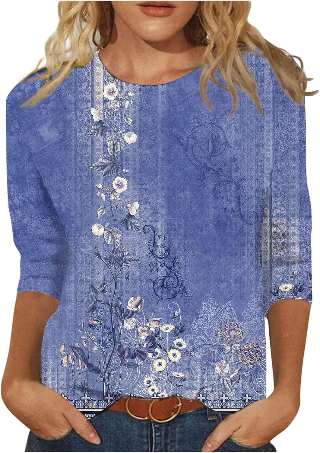 slqdgmryz 3/4 Sleeve Shirts for Women Loose Fit Crewneck Dressy Casual Tops Lightweight Solid Color Comfy Cute T Shirts