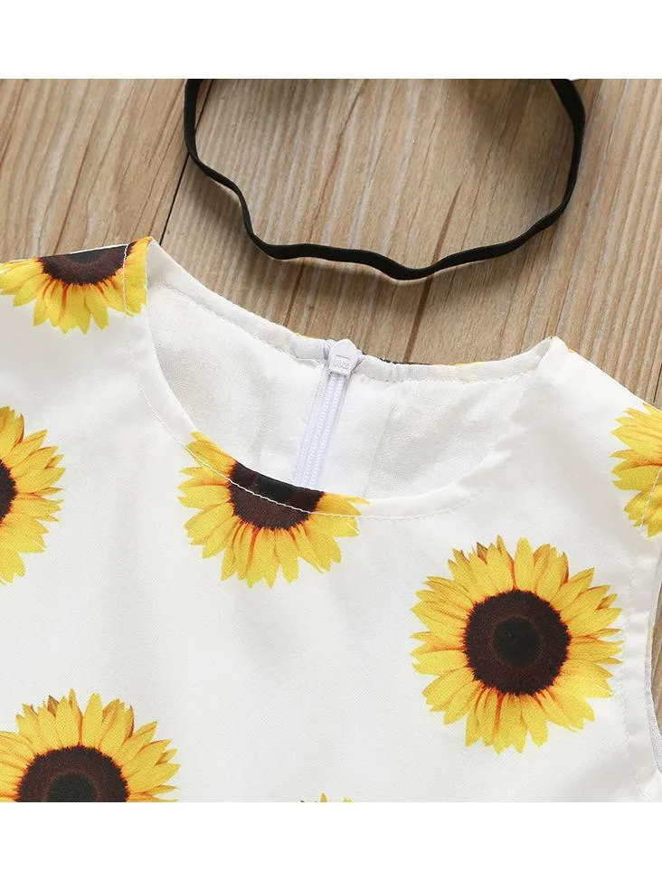 Summer 2-Piece Outfit Sunflower Sleeveless Dress Matching Headband