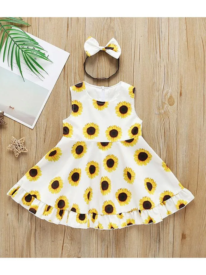 Summer 2-Piece Outfit Sunflower Sleeveless Dress Matching Headband