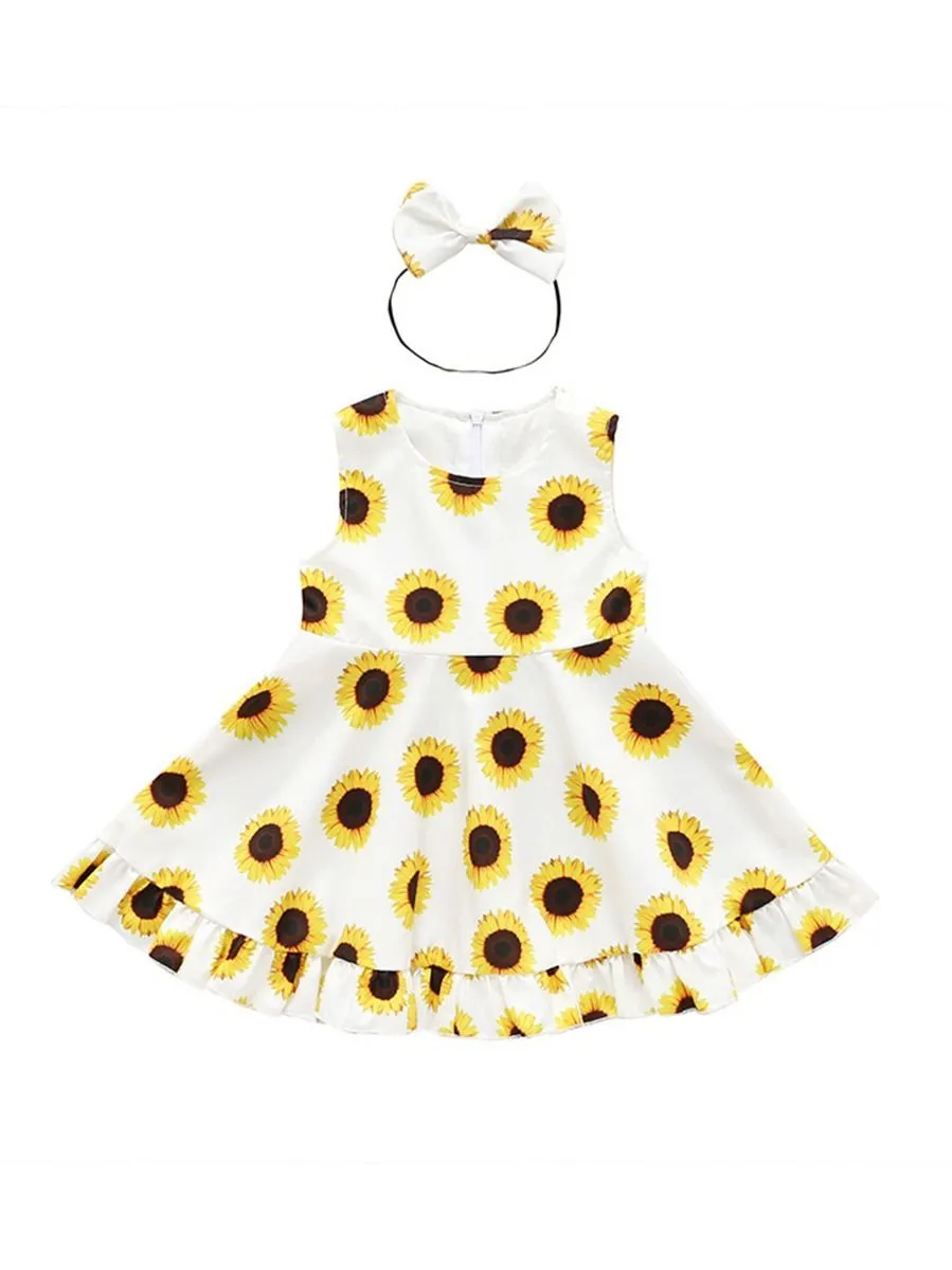 Summer 2-Piece Outfit Sunflower Sleeveless Dress Matching Headband
