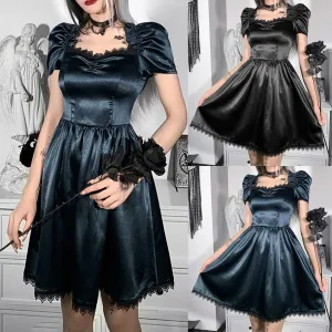 VenusFox Gothes Dark Elegant Lace Trim Gothic A-line Dress Vintage Women Ruched Front Puff Sleeve Mini Dress Autumn Fashion Slim Clubwear
