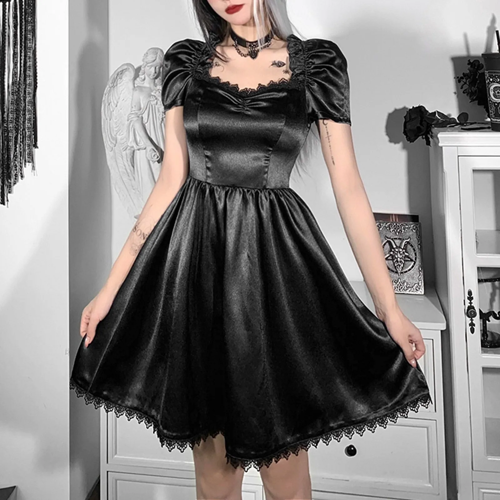 VenusFox Gothes Dark Elegant Lace Trim Gothic A-line Dress Vintage Women Ruched Front Puff Sleeve Mini Dress Autumn Fashion Slim Clubwear