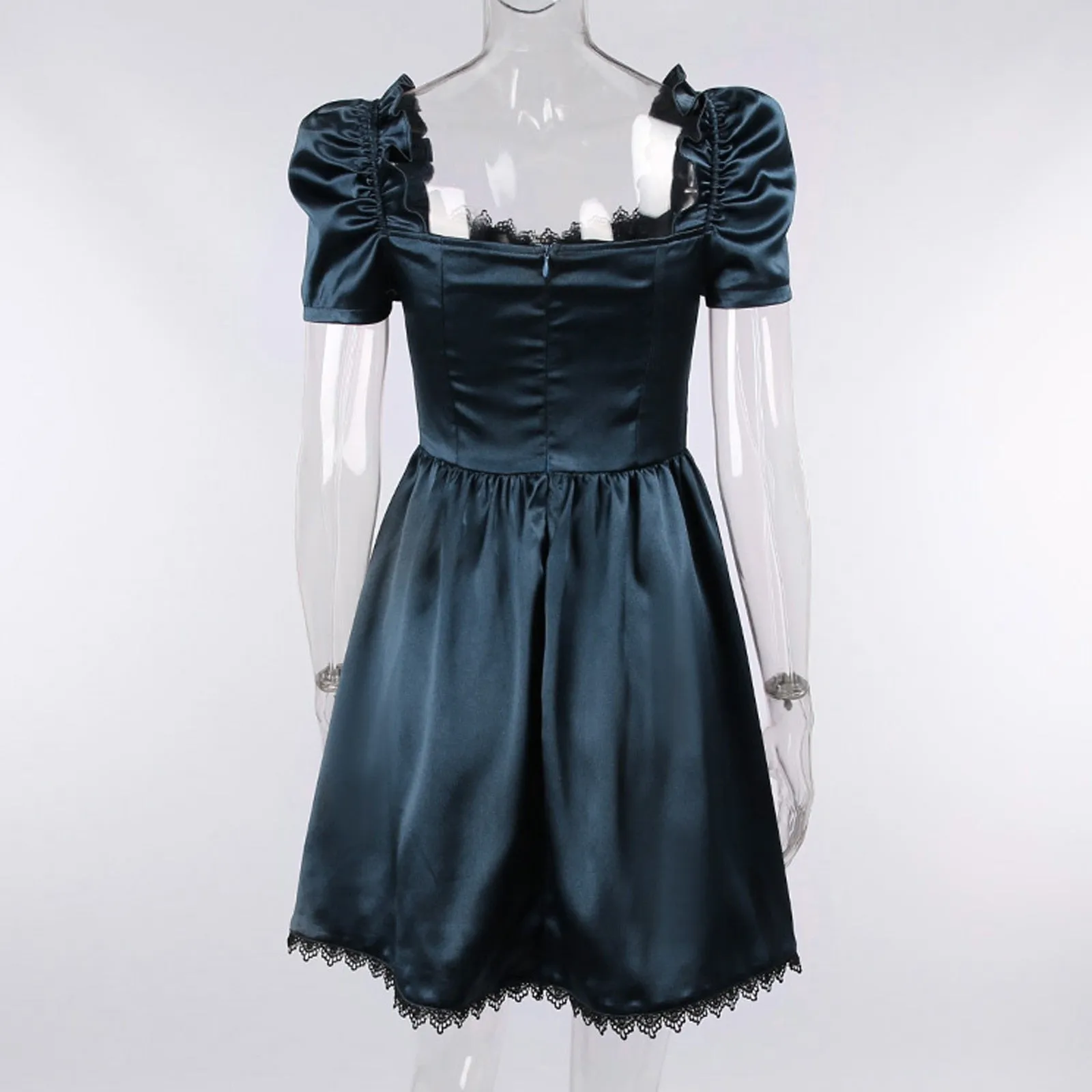 VenusFox Gothes Dark Elegant Lace Trim Gothic A-line Dress Vintage Women Ruched Front Puff Sleeve Mini Dress Autumn Fashion Slim Clubwear