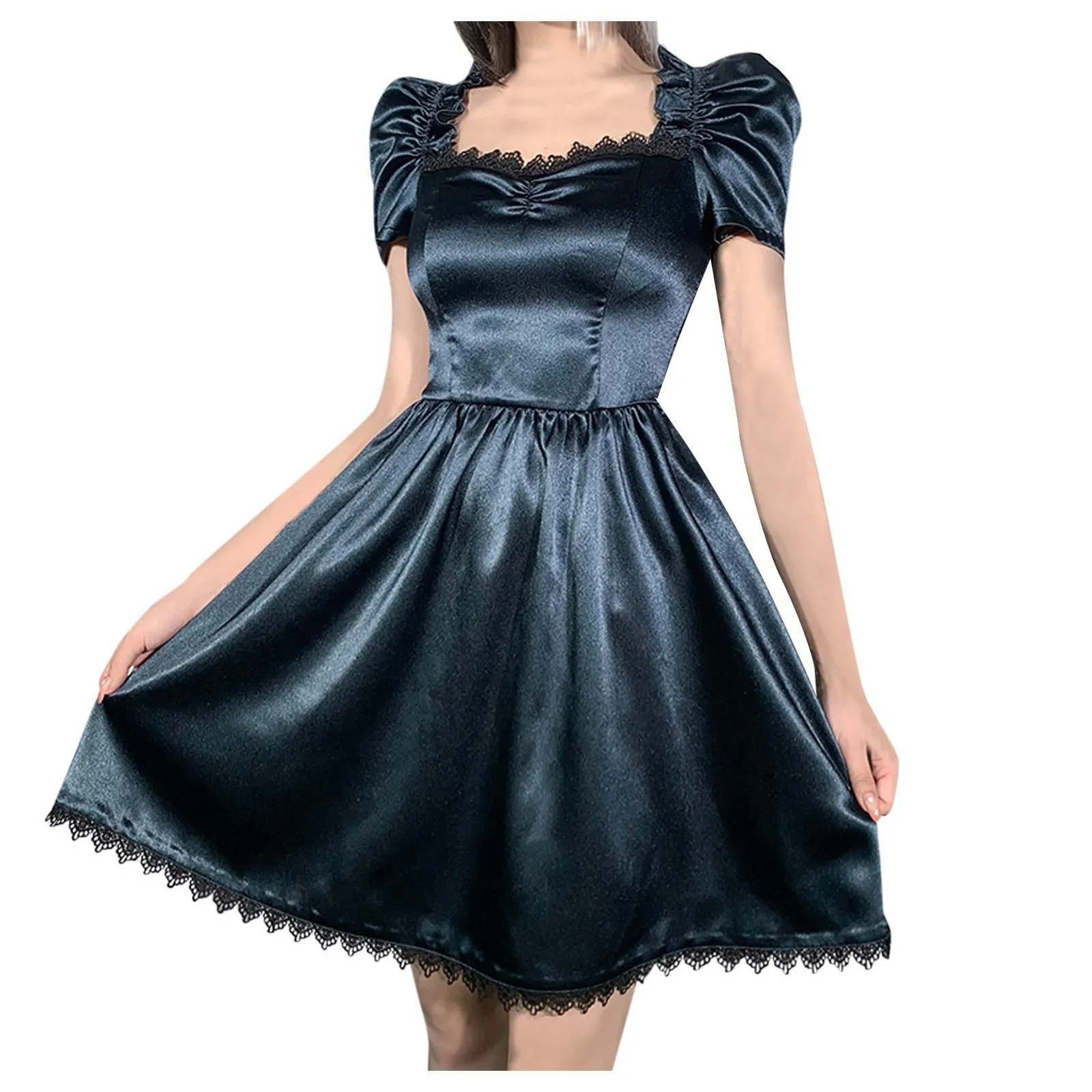 VenusFox Gothes Dark Elegant Lace Trim Gothic A-line Dress Vintage Women Ruched Front Puff Sleeve Mini Dress Autumn Fashion Slim Clubwear