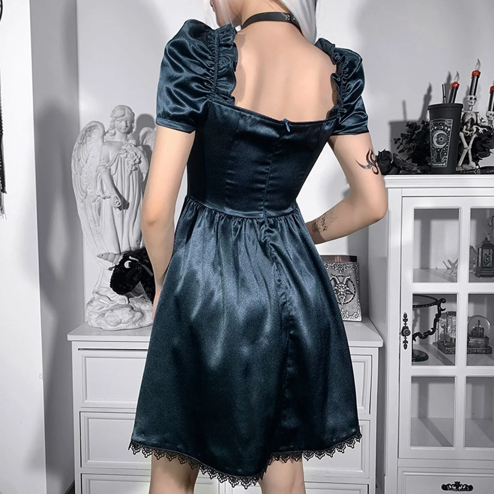 VenusFox Gothes Dark Elegant Lace Trim Gothic A-line Dress Vintage Women Ruched Front Puff Sleeve Mini Dress Autumn Fashion Slim Clubwear