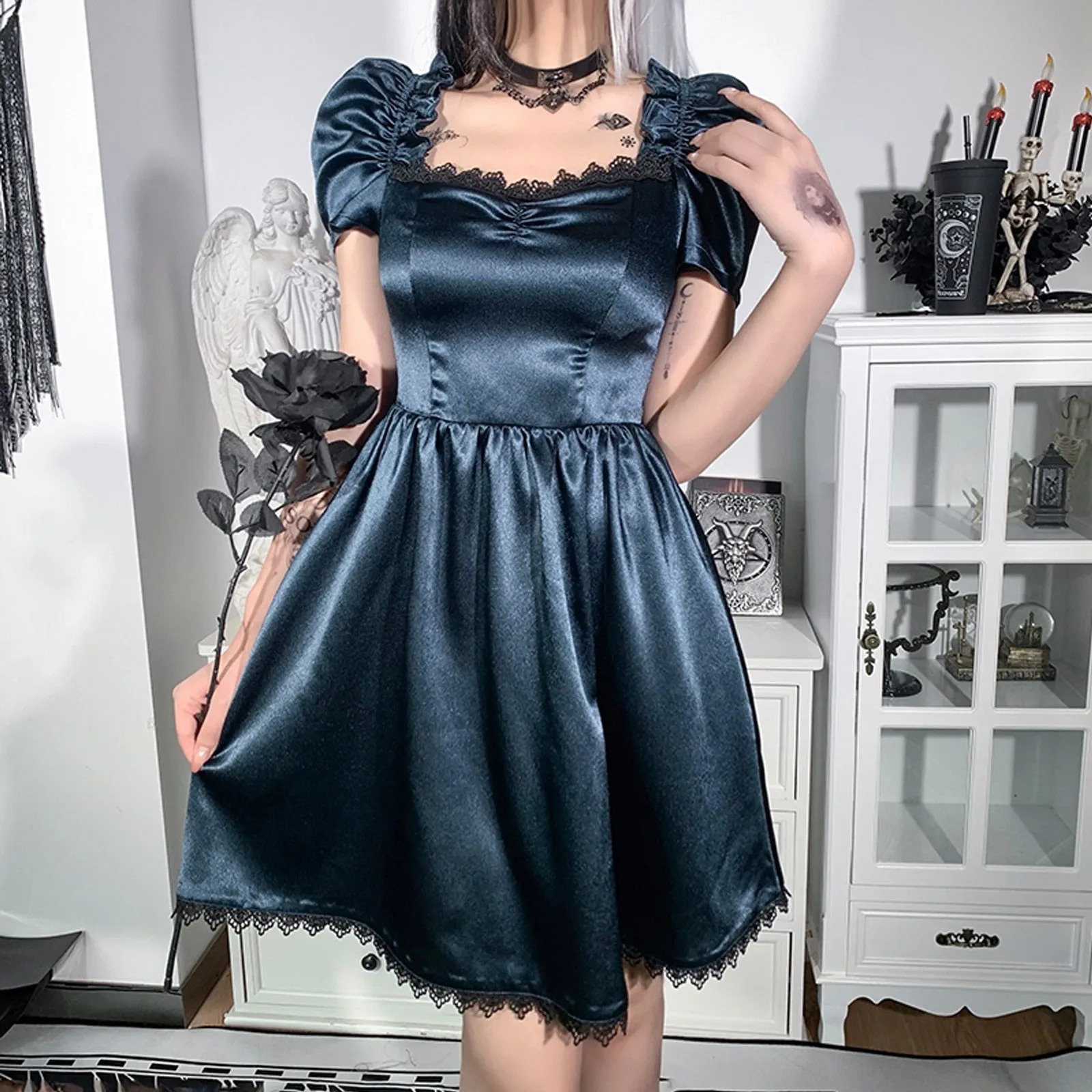 VenusFox Gothes Dark Elegant Lace Trim Gothic A-line Dress Vintage Women Ruched Front Puff Sleeve Mini Dress Autumn Fashion Slim Clubwear