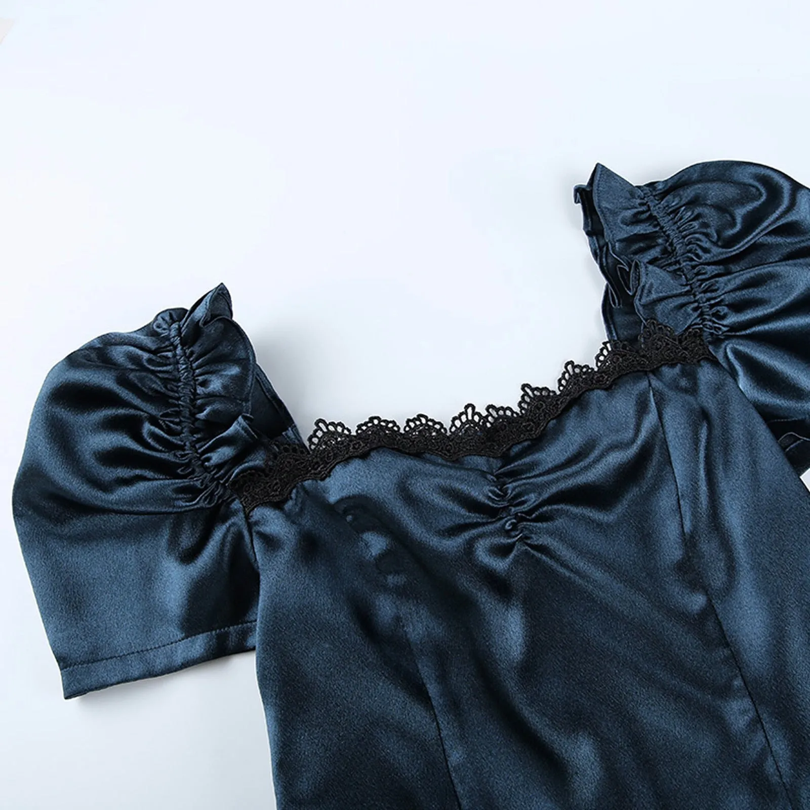 VenusFox Gothes Dark Elegant Lace Trim Gothic A-line Dress Vintage Women Ruched Front Puff Sleeve Mini Dress Autumn Fashion Slim Clubwear