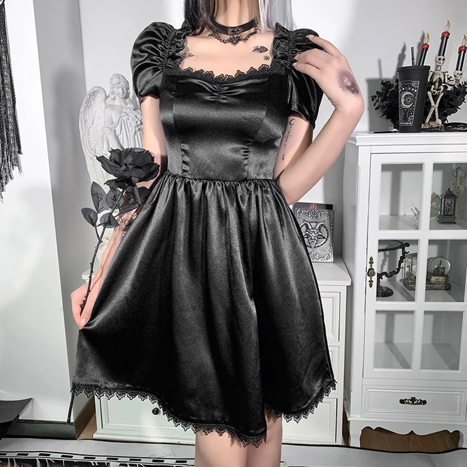 VenusFox Gothes Dark Elegant Lace Trim Gothic A-line Dress Vintage Women Ruched Front Puff Sleeve Mini Dress Autumn Fashion Slim Clubwear