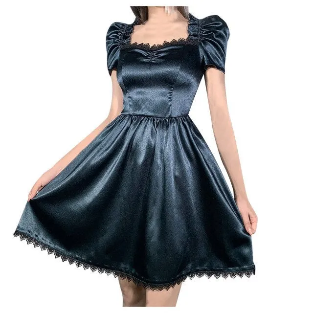 VenusFox Gothes Dark Elegant Lace Trim Gothic A-line Dress Vintage Women Ruched Front Puff Sleeve Mini Dress Autumn Fashion Slim Clubwear