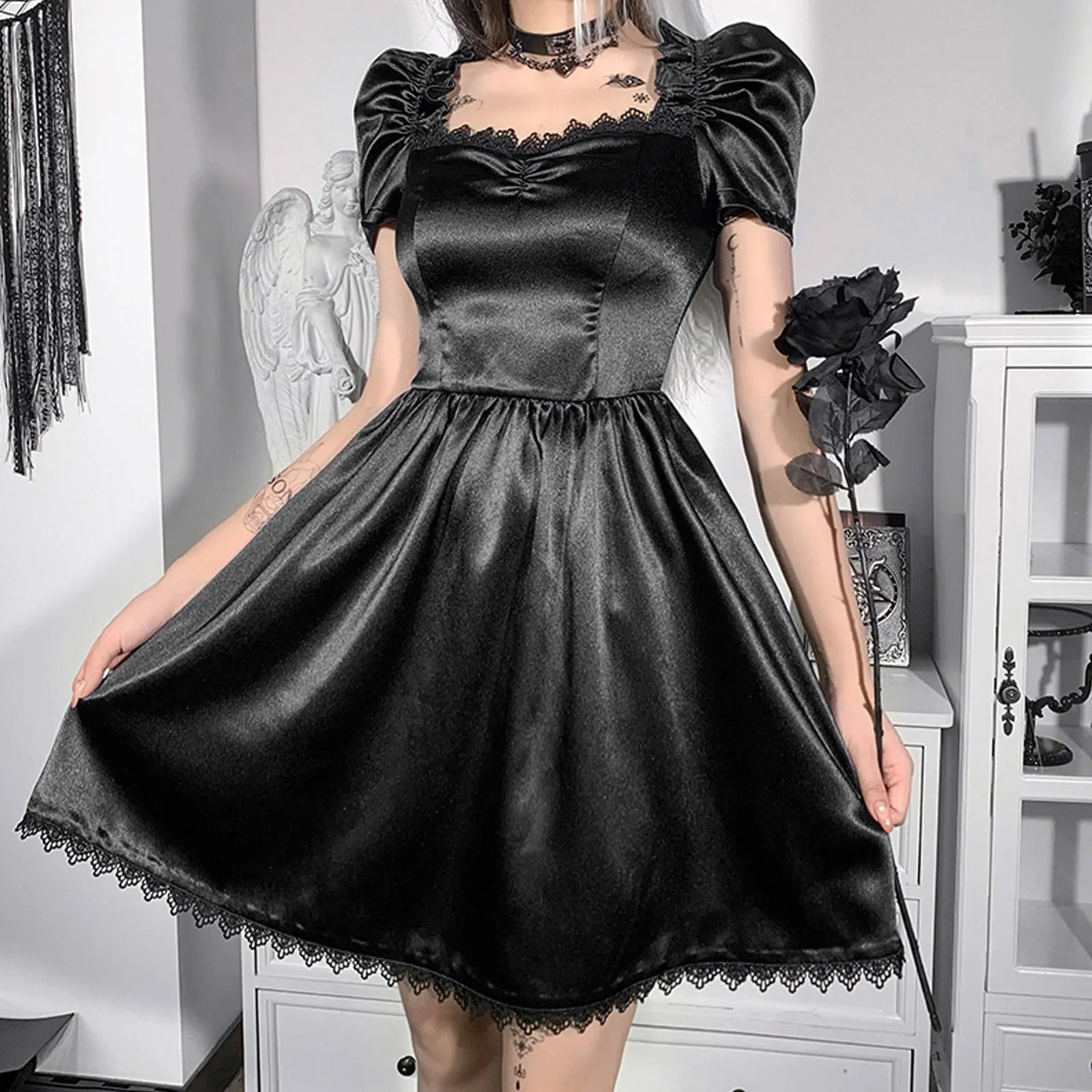 VenusFox Gothes Dark Elegant Lace Trim Gothic A-line Dress Vintage Women Ruched Front Puff Sleeve Mini Dress Autumn Fashion Slim Clubwear