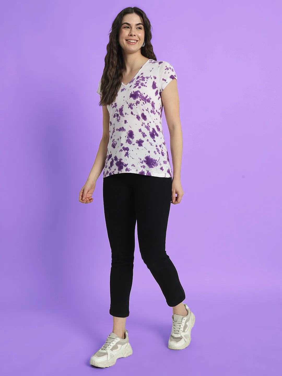 Women Purple Tie and Dyed V-Neck T-shirt