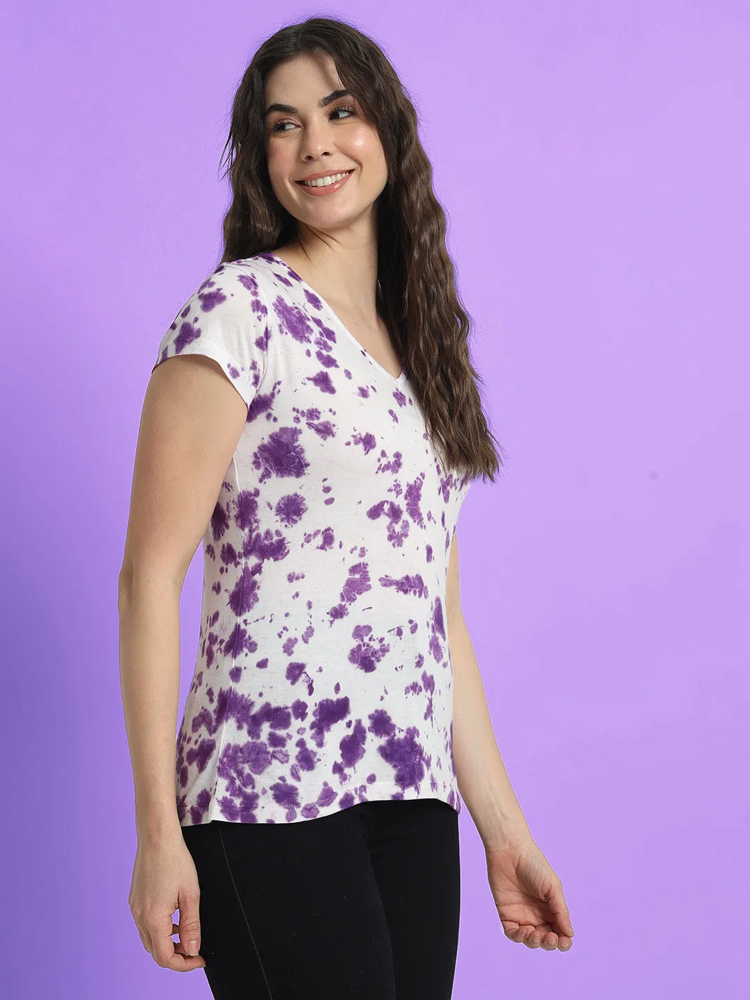 Women Purple Tie and Dyed V-Neck T-shirt